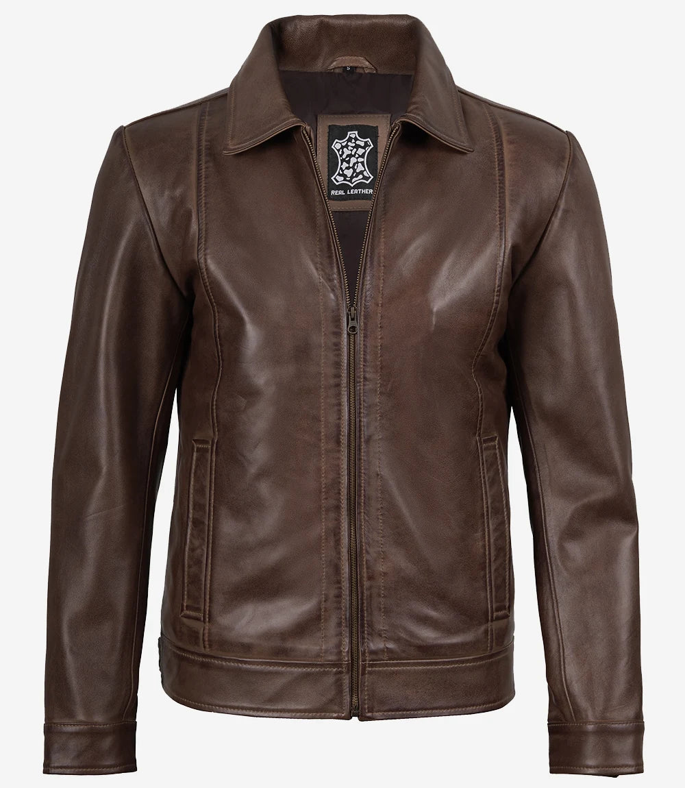 Mens Shirt Collar Chocolate Brown Leather Jacket