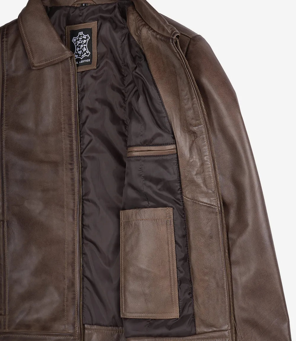 Mens Shirt Collar Chocolate Brown Leather Jacket
