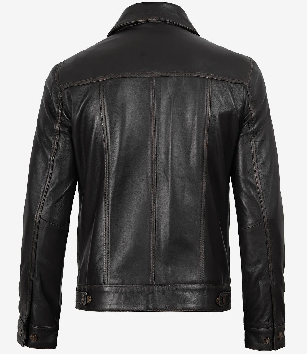 Men's Distressed Brown Leather Trucker Jacket