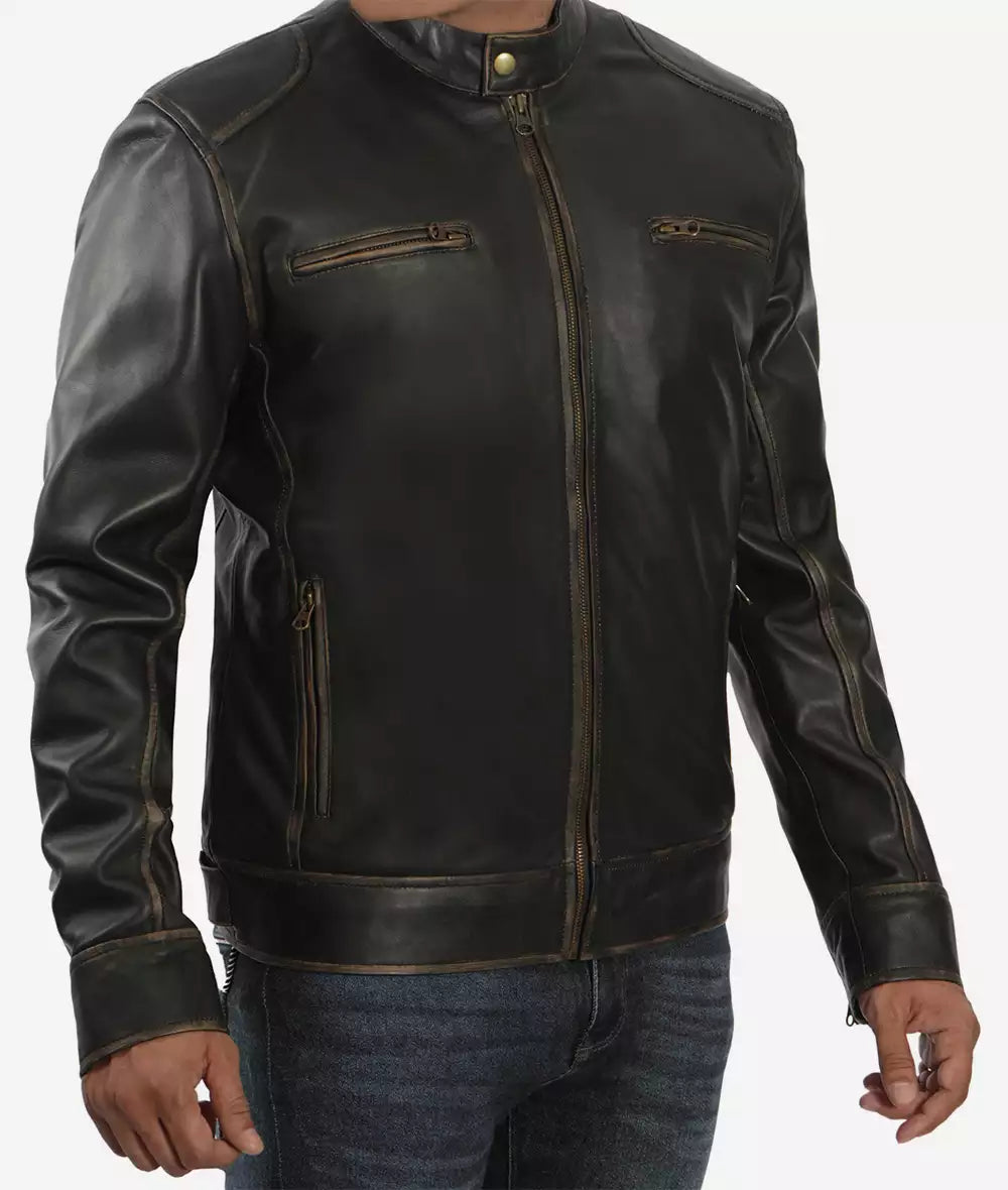 Mens Tall Real Leather Rub Off Brown Cafe Racer Jacket