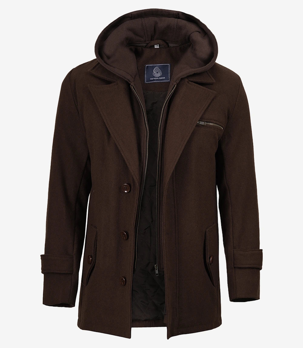 Men's Brown Wool Jacket – Removable Hood with Notch Lapel
