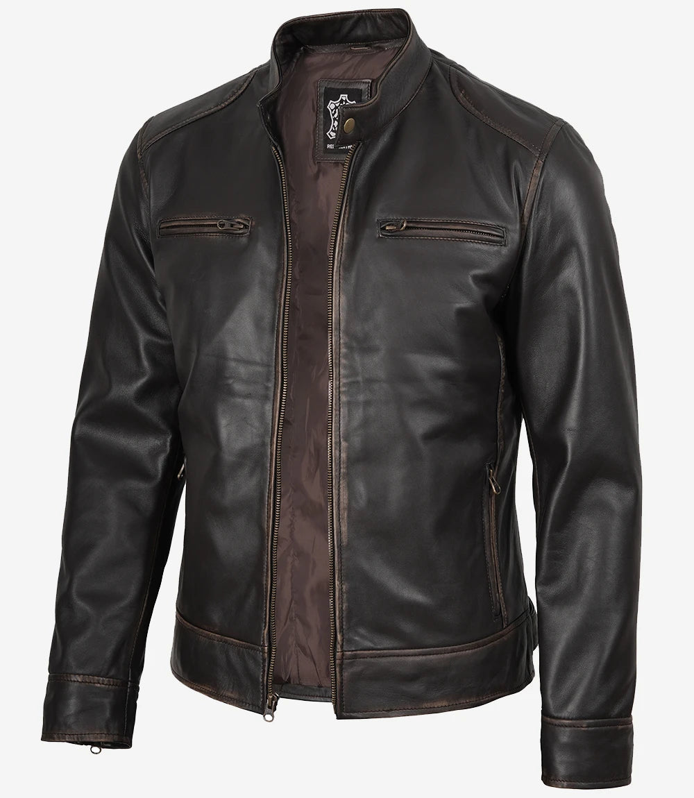 Men's Distressed Brown Biker Style Leather Jacket