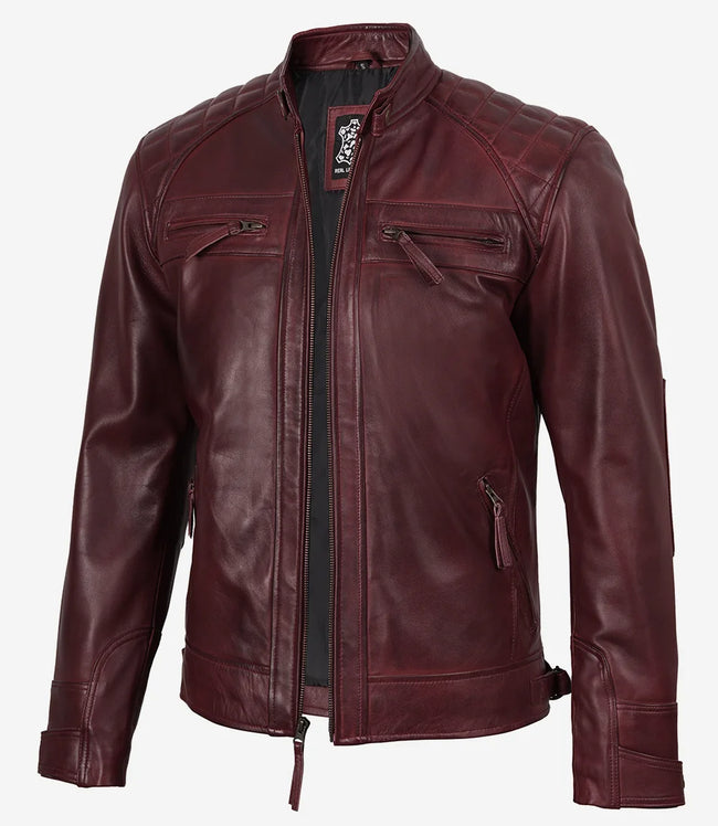 Men's Tall Real Leather Maroon Biker Style Jacket - Quilted Shoulder