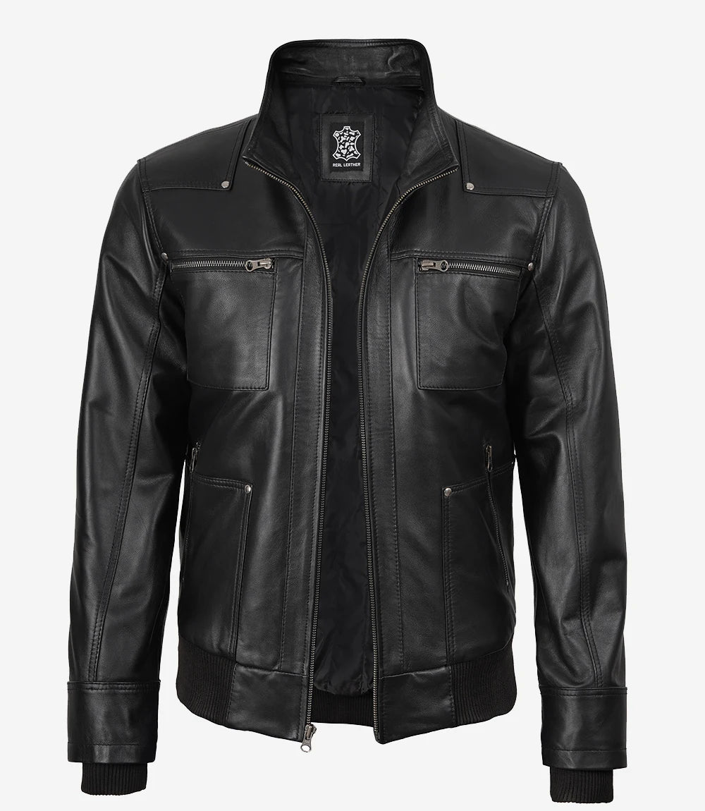 Men's Black Leather Bomber Jacket with Removable Hood