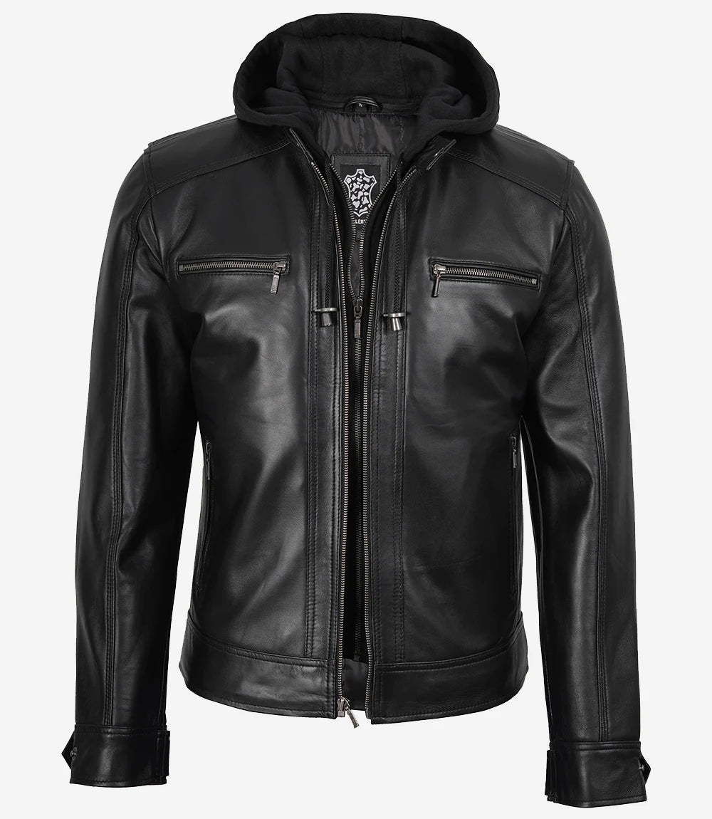 Men's Black Leather Jacket with Removable Hoodie