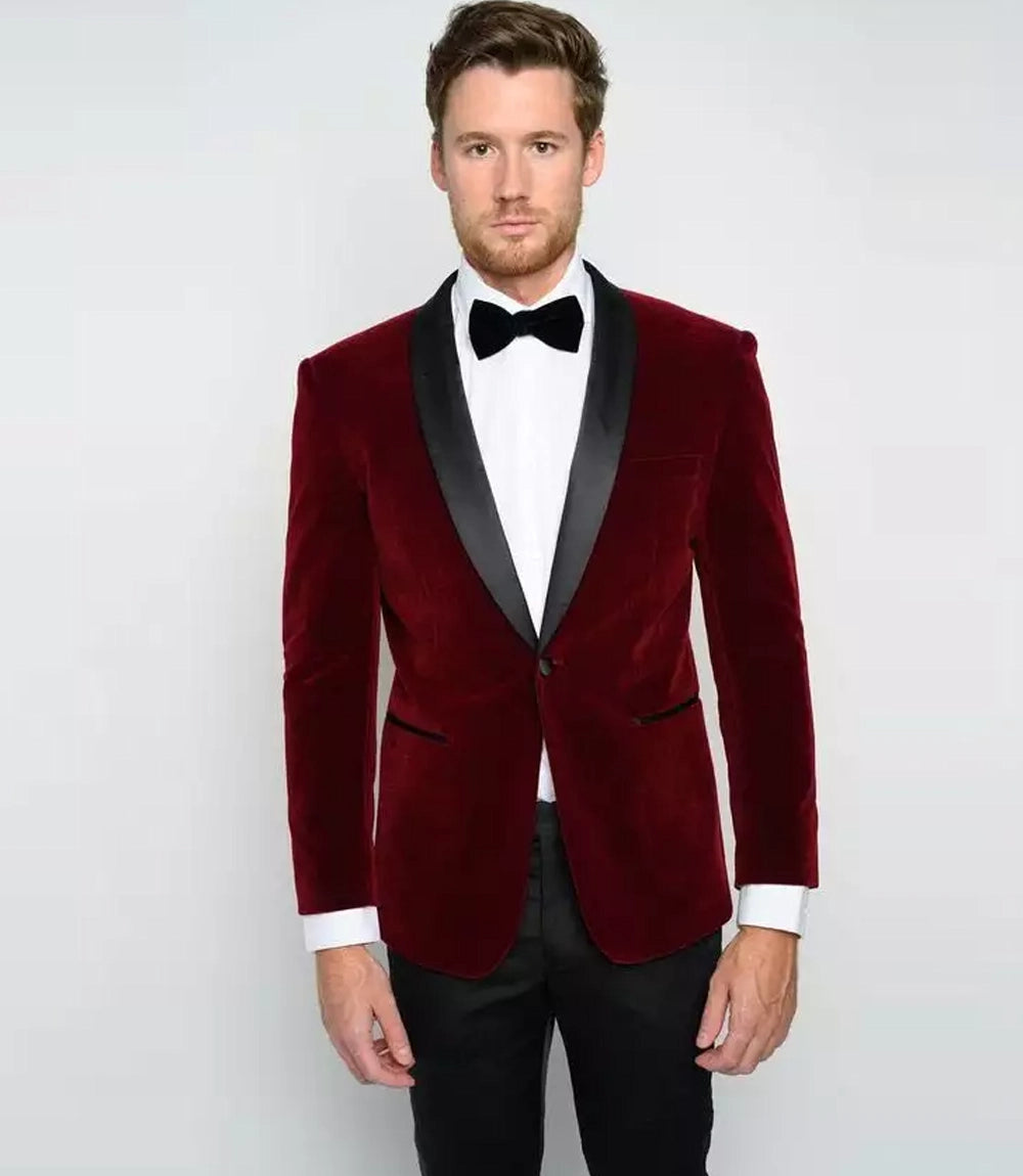Mens Black Shawl Lapel Maroon Velvet Tuxedo