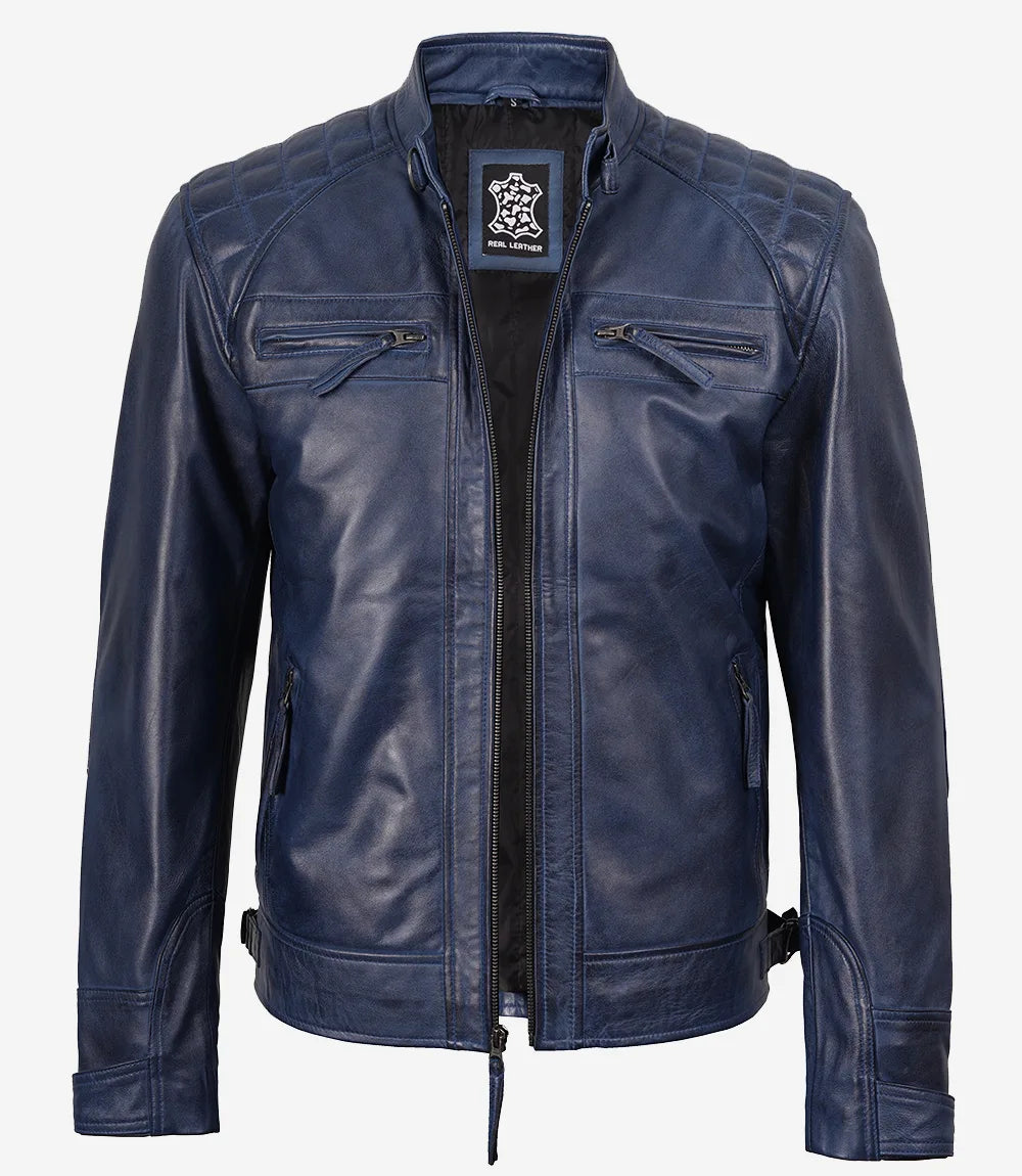 Mens Blue Waxed Quilted Shoulder Biker Style Leather Jacket