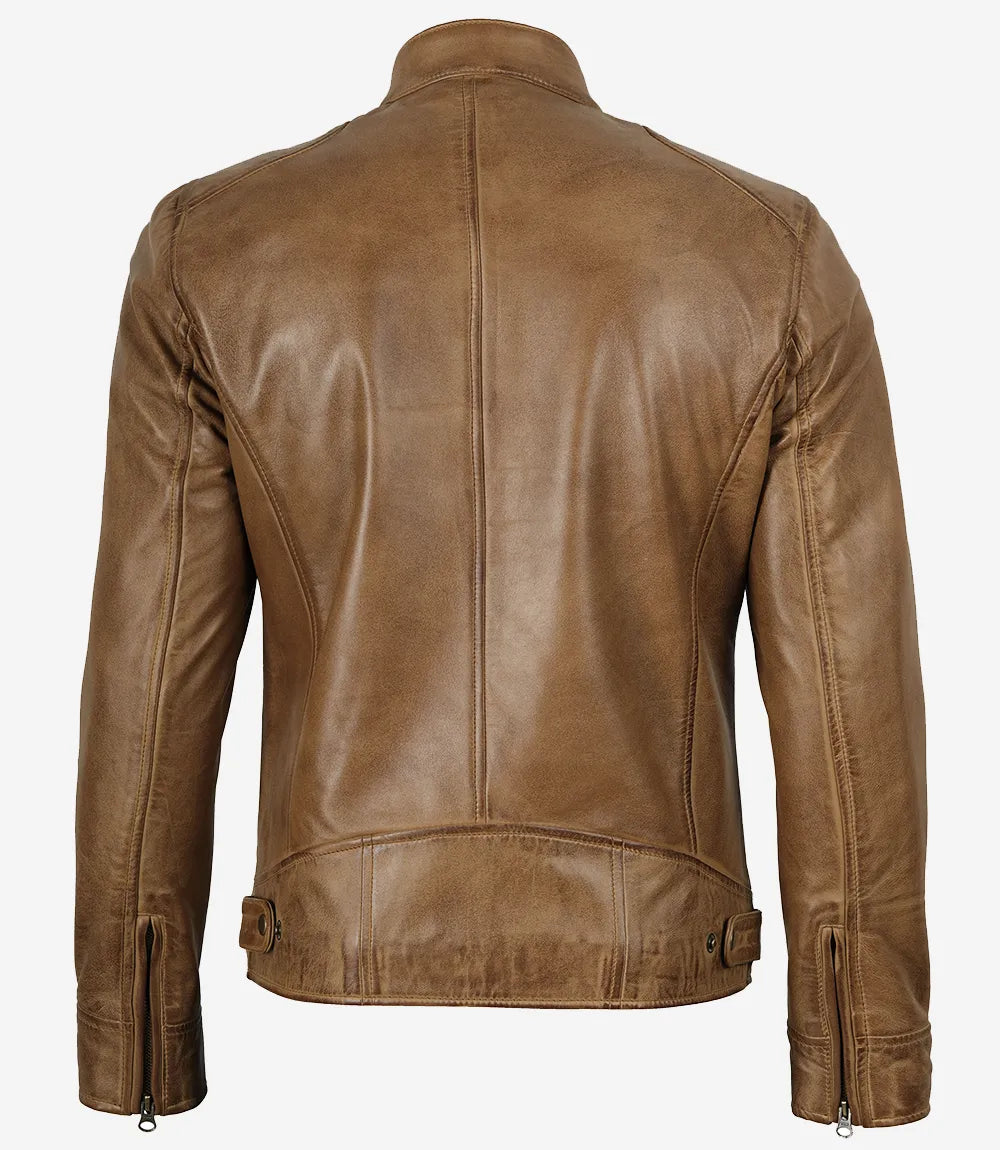 Mens Camel Brown Biker Style Leather Jacket