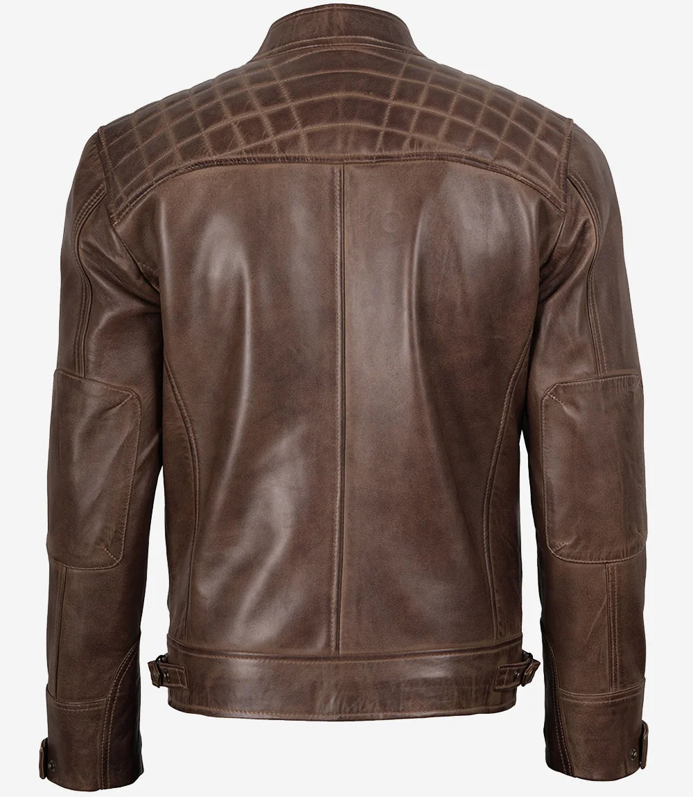 Men's Chocolate Brown Biker Style Leather Jacket - Quilted Shoulders