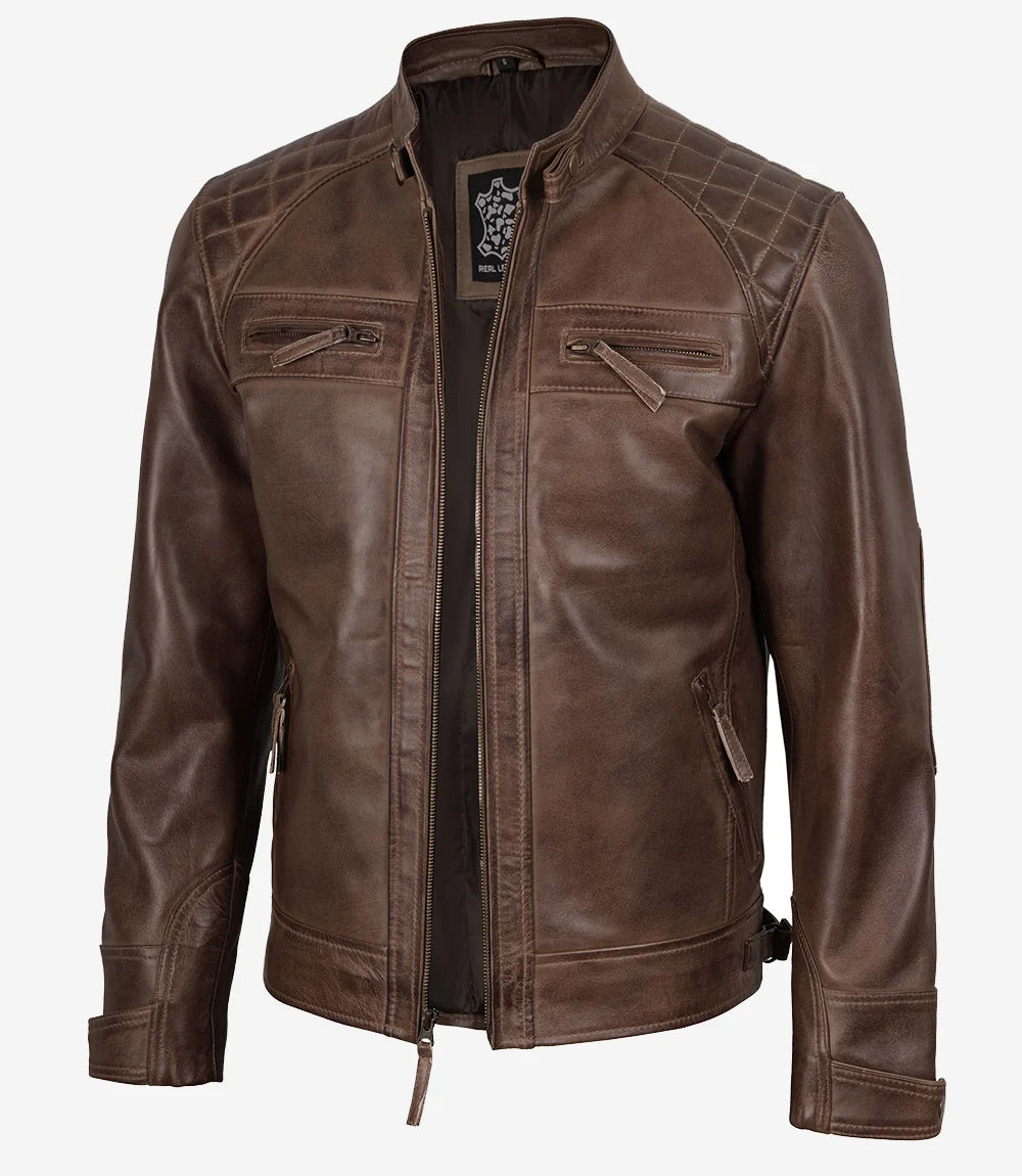Men's Chocolate Brown Biker Style Leather Jacket - Quilted Shoulders