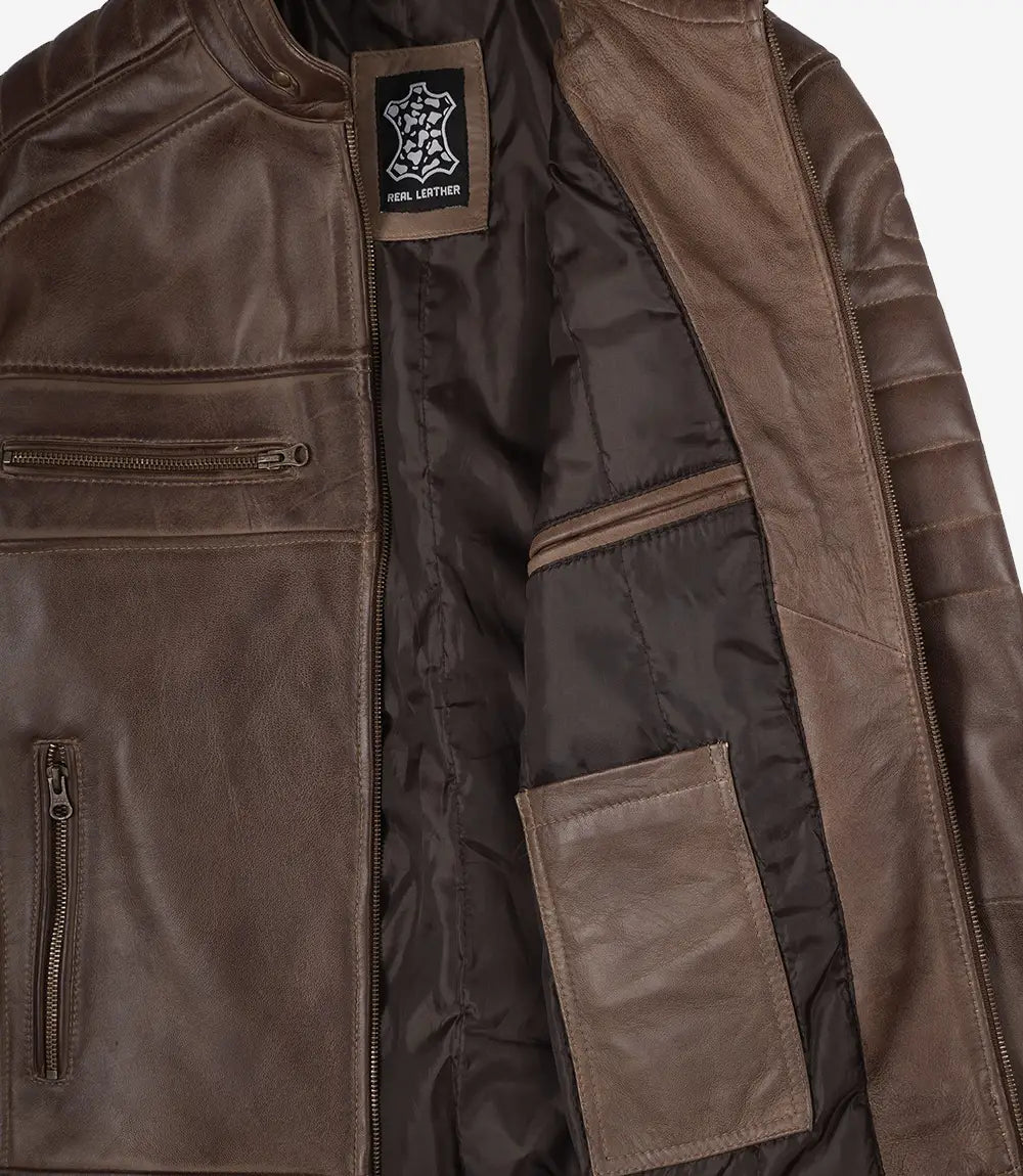Men's Coffee Brown Distressed Leather Jacket - Biker Style