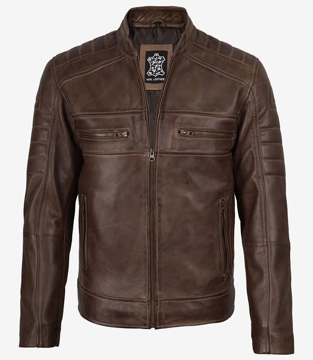 Men's Coffee Brown Distressed Leather Jacket - Biker Style