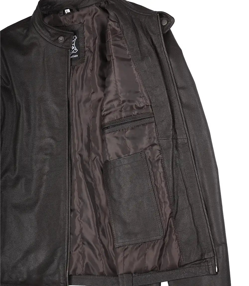 Mens Dark Brown Premium Cowhide Leather Biker Style Jacket