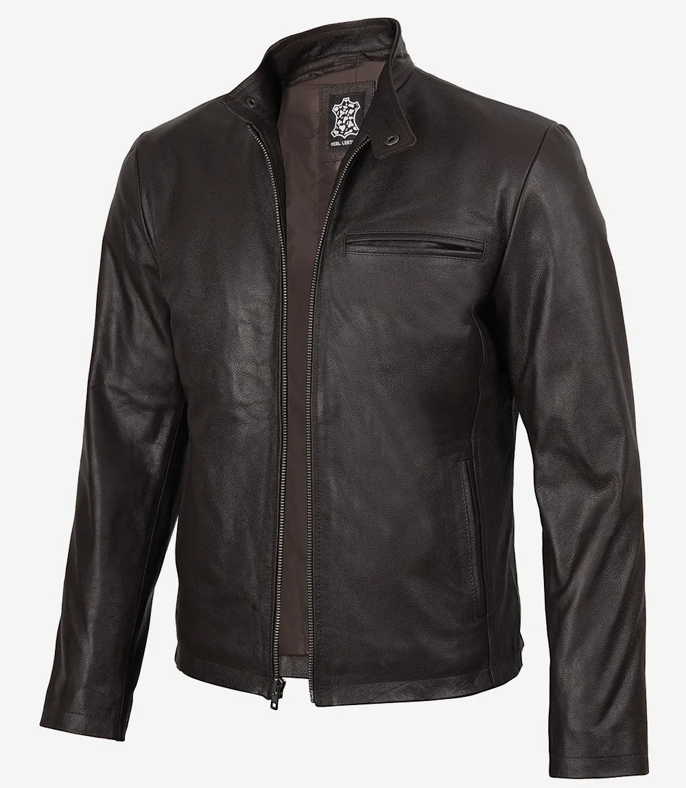Mens Dark Brown Premium Cowhide Leather Biker Style Jacket