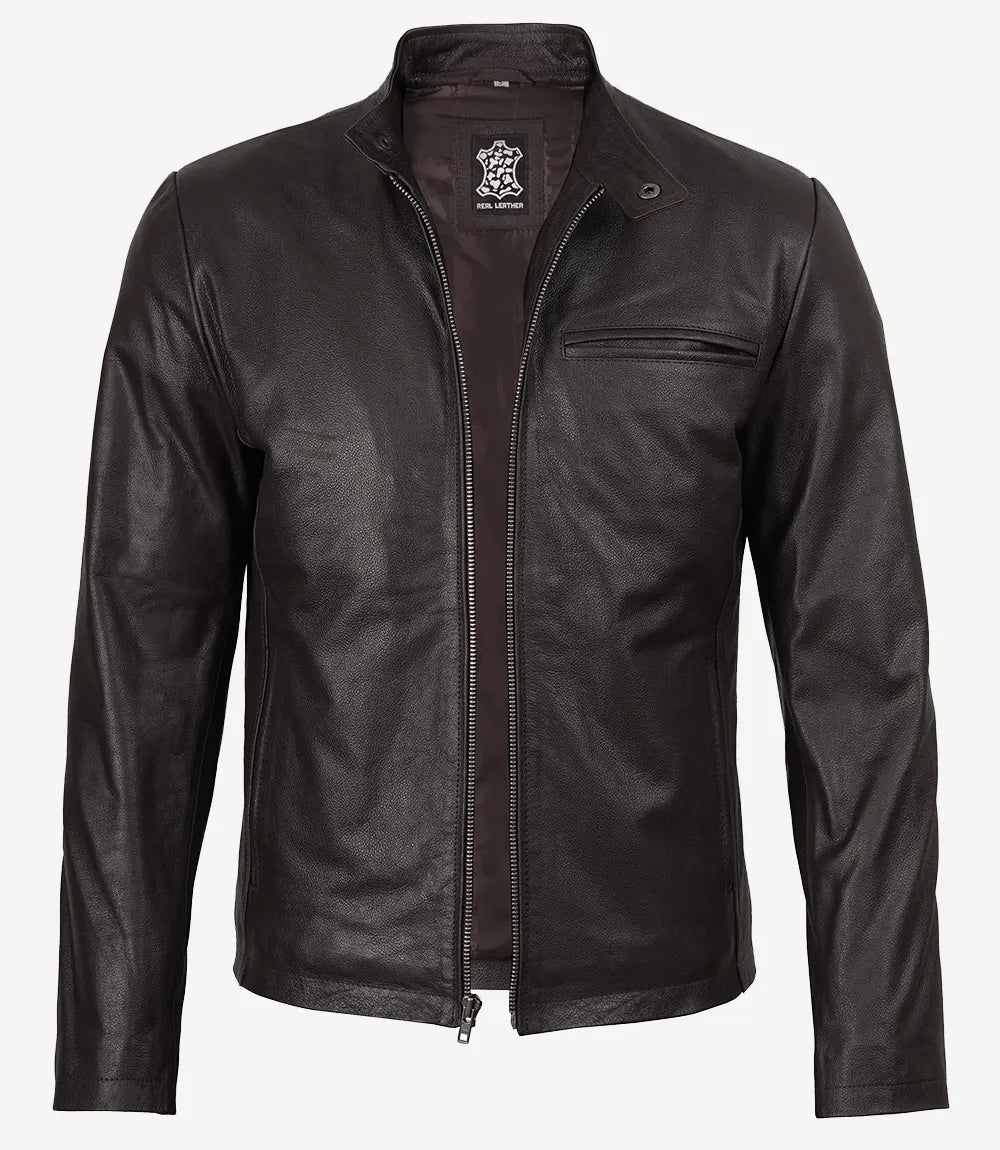Mens Dark Brown Premium Cowhide Leather Biker Style Jacket