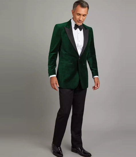 Mens Peak Lapel Single Button Green Velvet Tuxedo