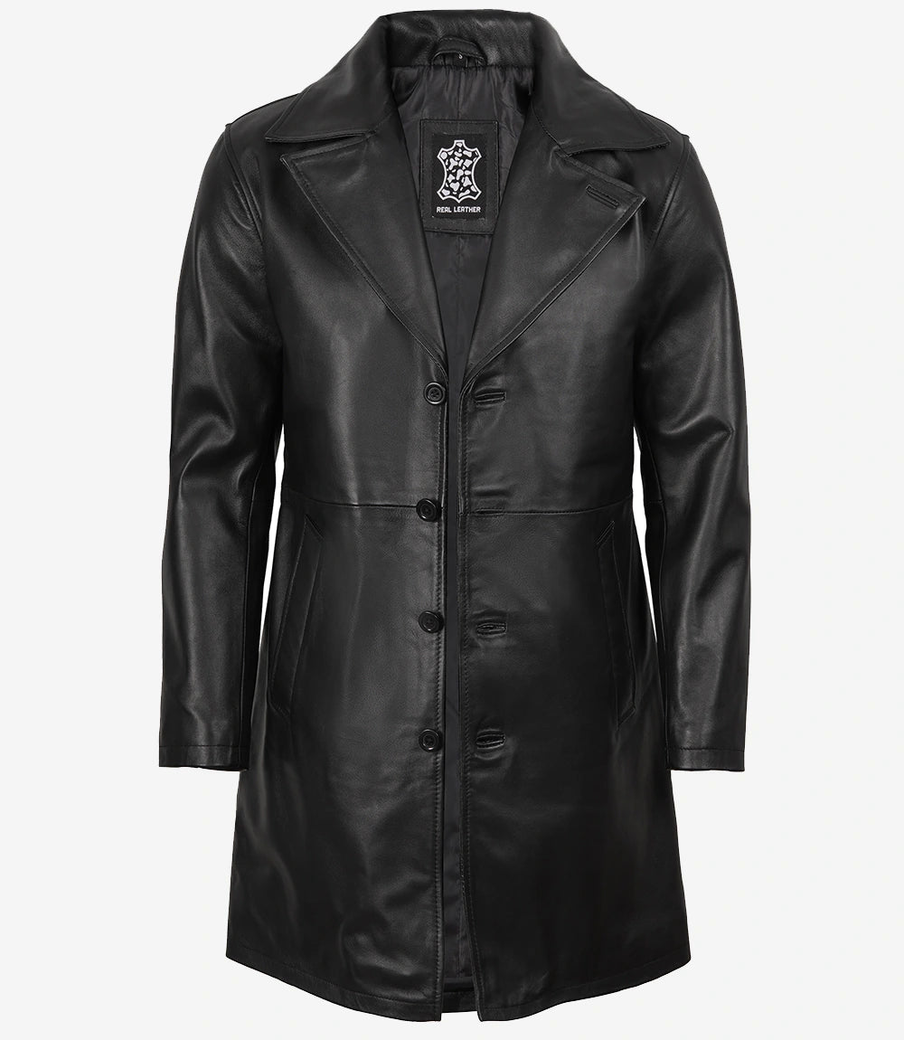 Men's 3/4 Length Black Lambskin Leather Coat
