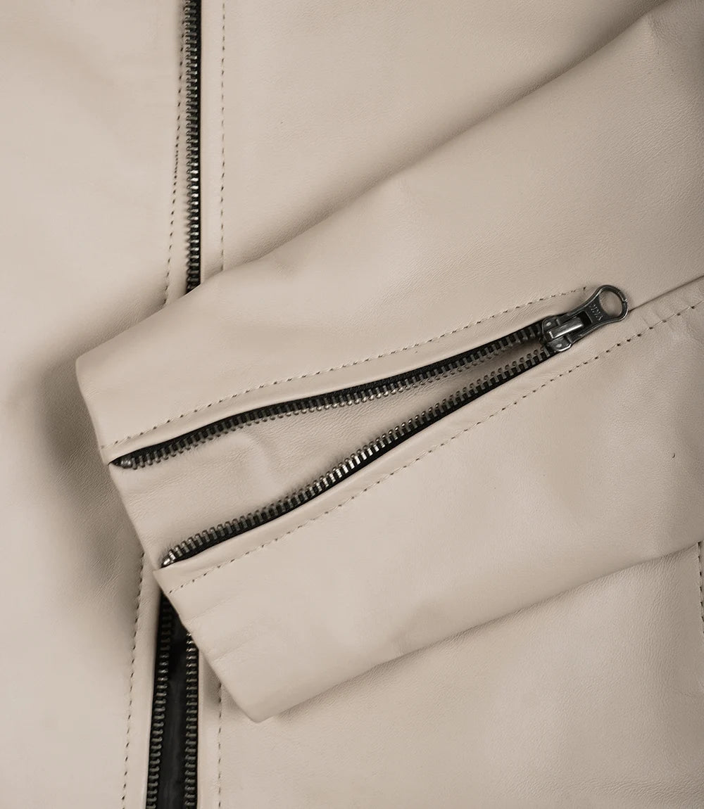 Mens Mandarin Collar Beige Biker Style Leather Jacket