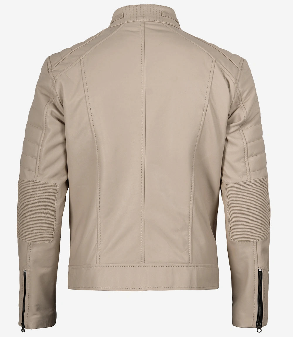 Mens Mandarin Collar Beige Biker Style Leather Jacket