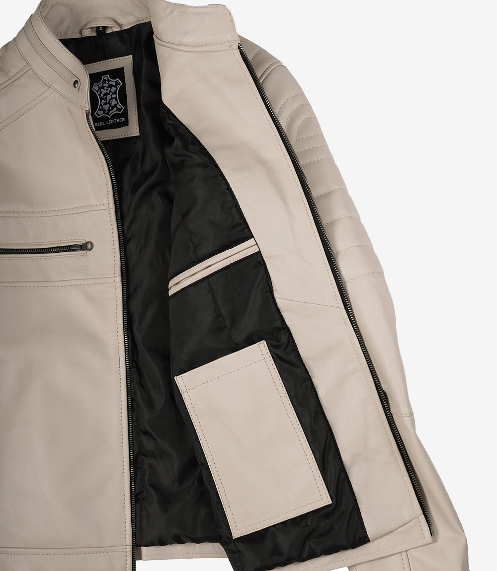 Mens Mandarin Collar Beige Biker Style Leather Jacket