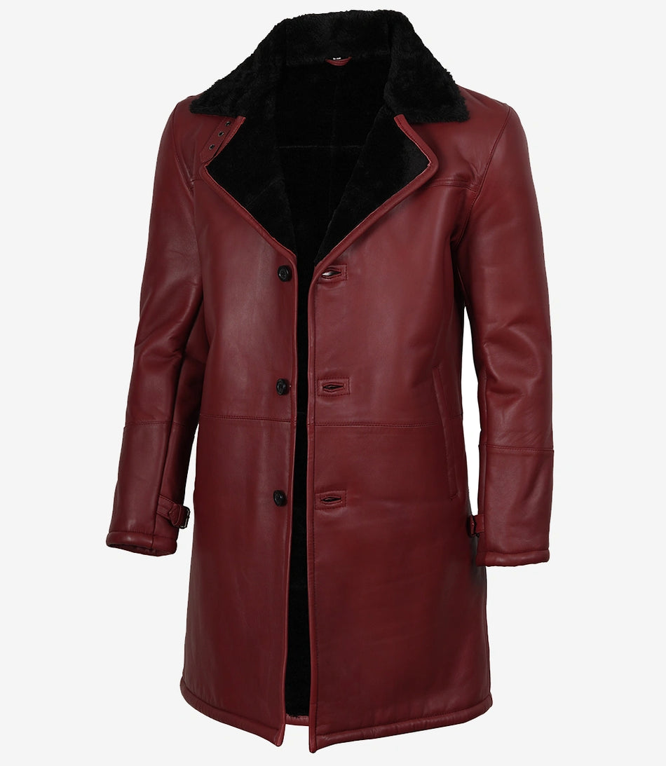 Men's Maroon Leather Coat with Black Shearling