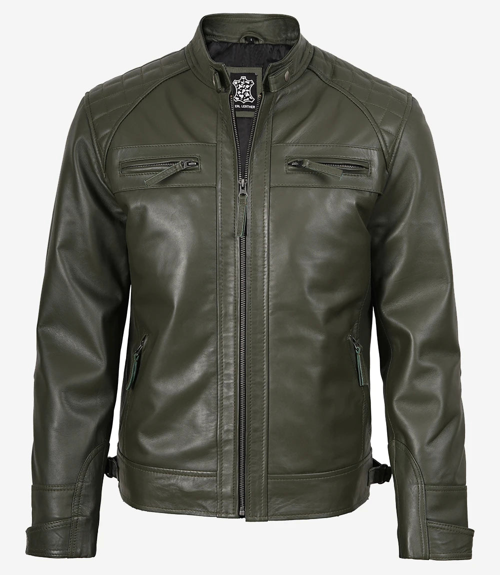 Mens Quilted Shoulder Olive Green Biker Style Leather Jacket