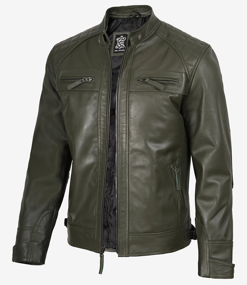 Mens Quilted Shoulder Olive Green Biker Style Leather Jacket