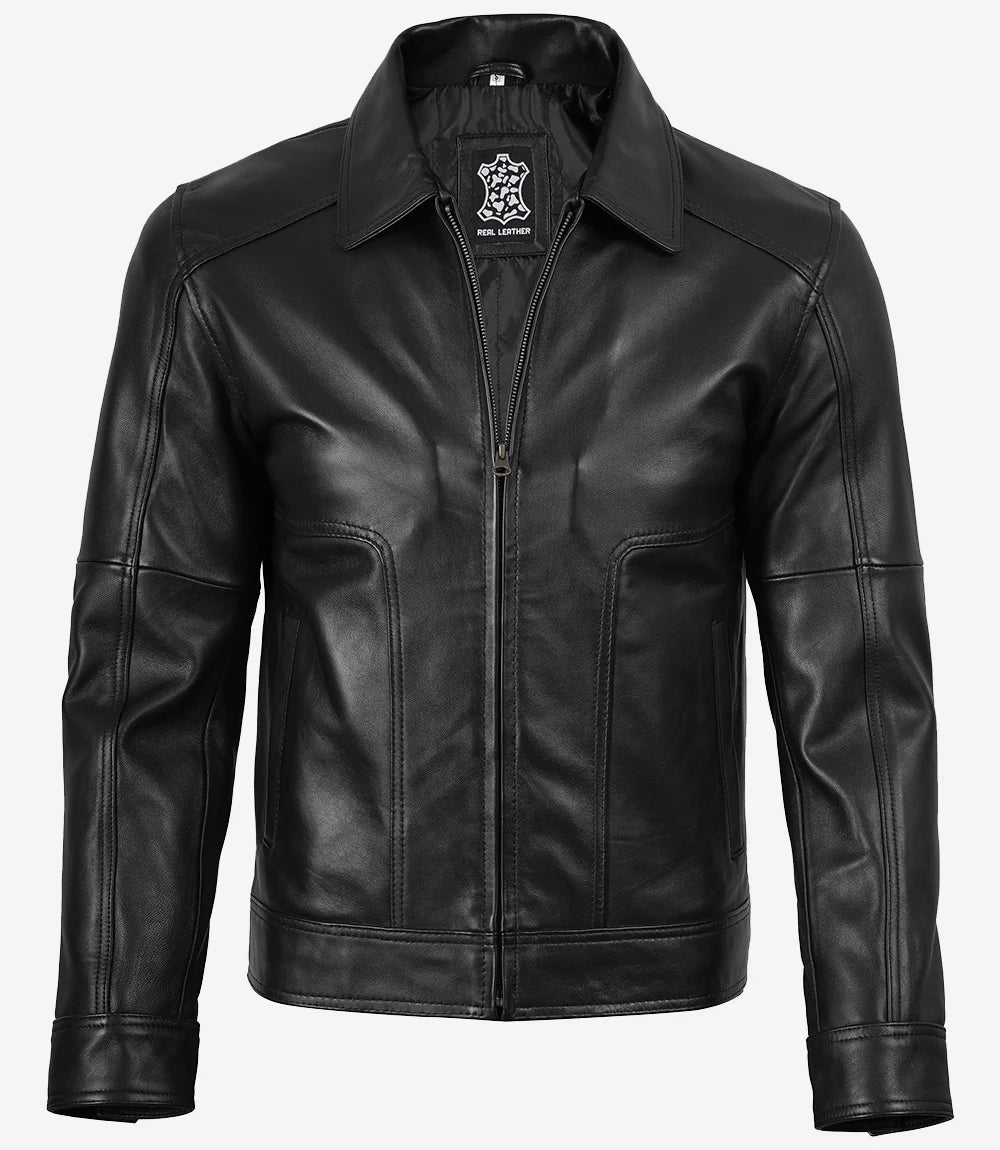 Men's Shirt Collar Classic Black Leather Jacket