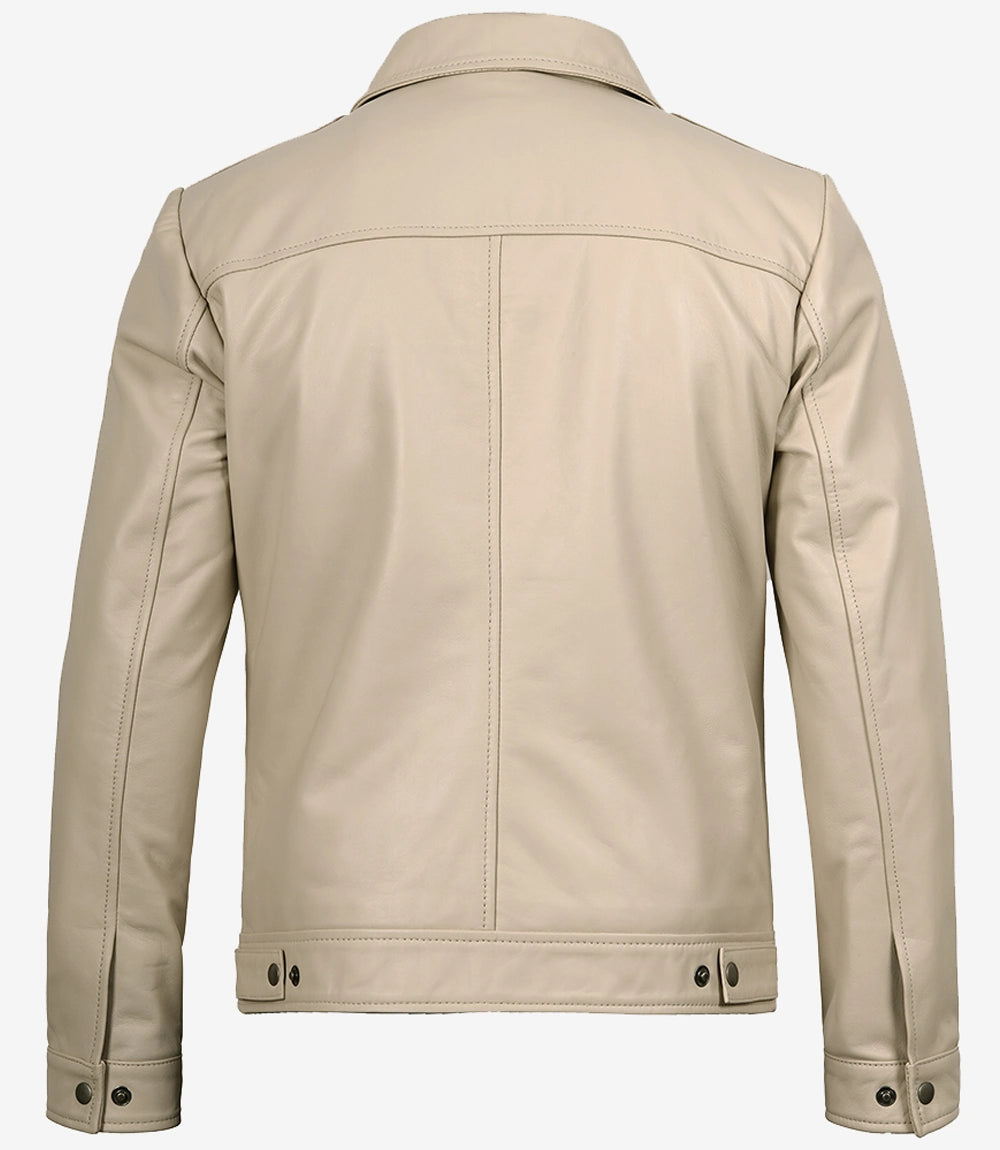 Mens Shirt Collar Beige Leather Jacket
