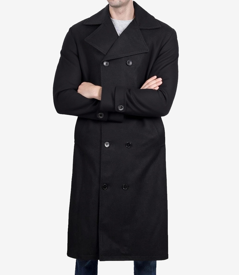 Kenney Men's Double-Breasted Black Wool Coat – Premium Quality