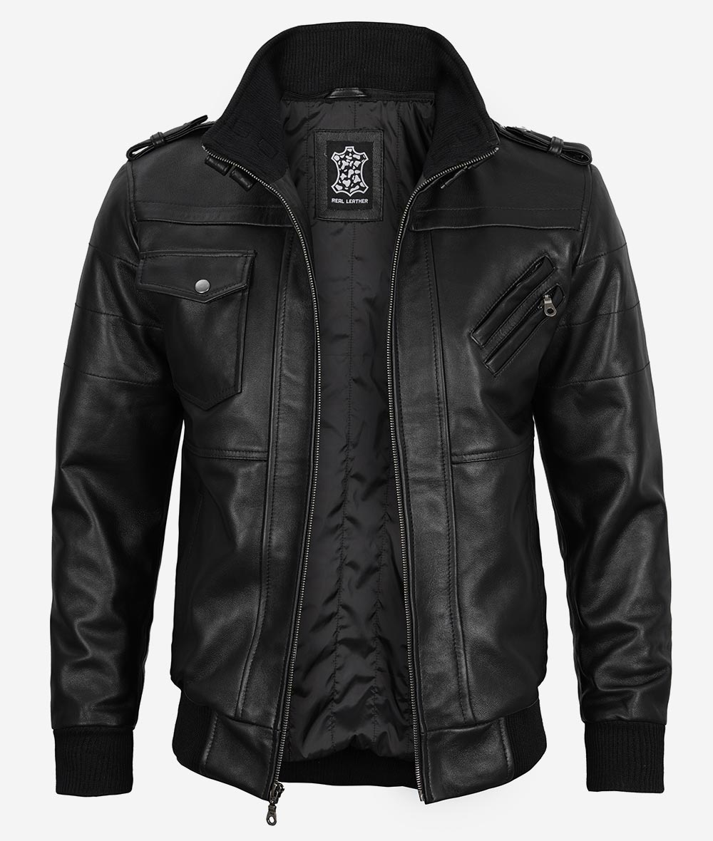 Mens Bomber Black Leather Jacket with Hood