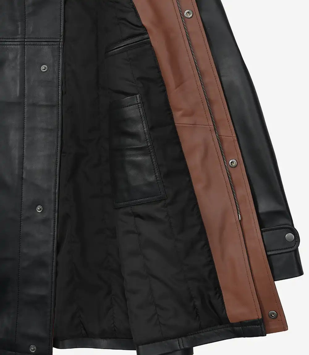 Erin Mens High-Collar Black Leather Jacket With Brown Details