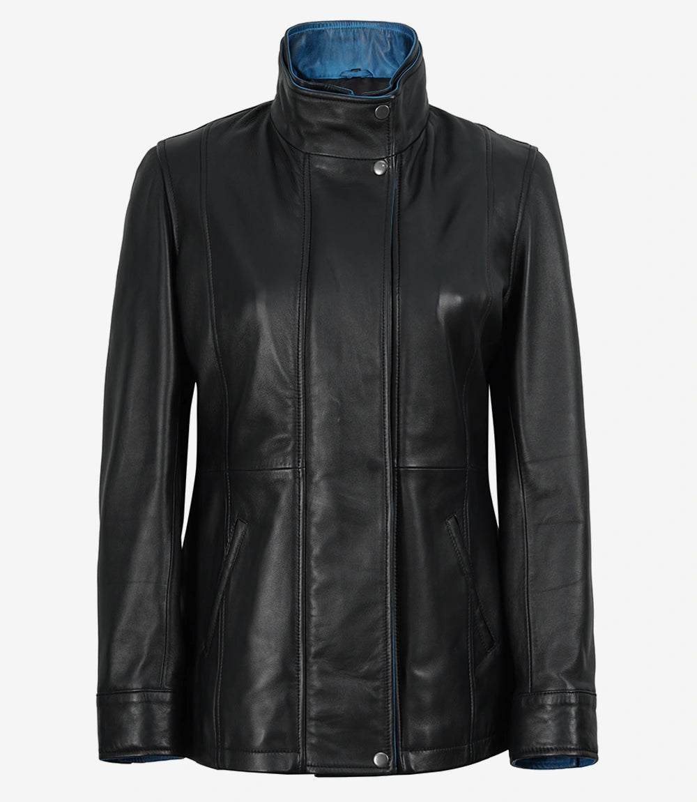 Erin Women's High-Collar Black Leather Jacket With Blue Waxed Details