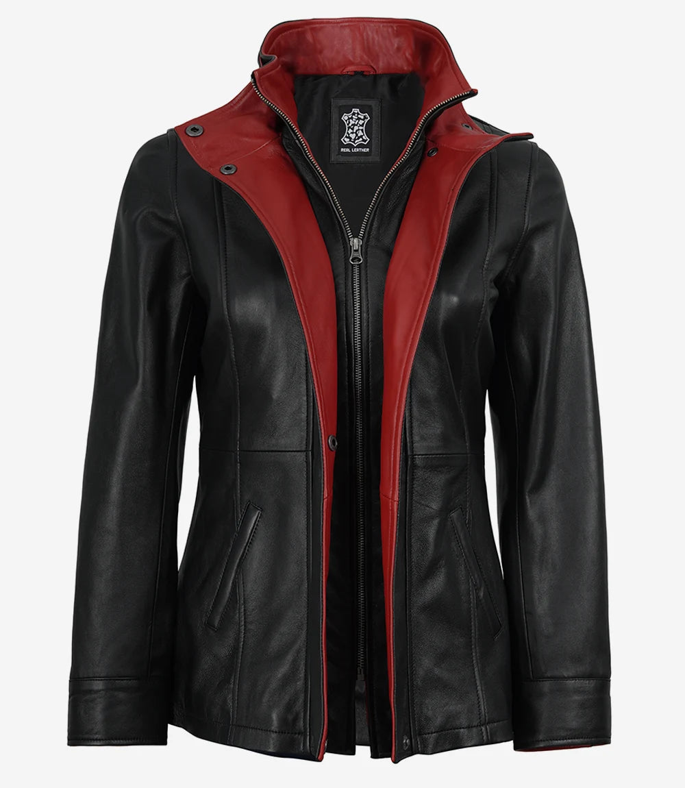 Erin Women's High-Collar Black Leather Jacket With Red Details