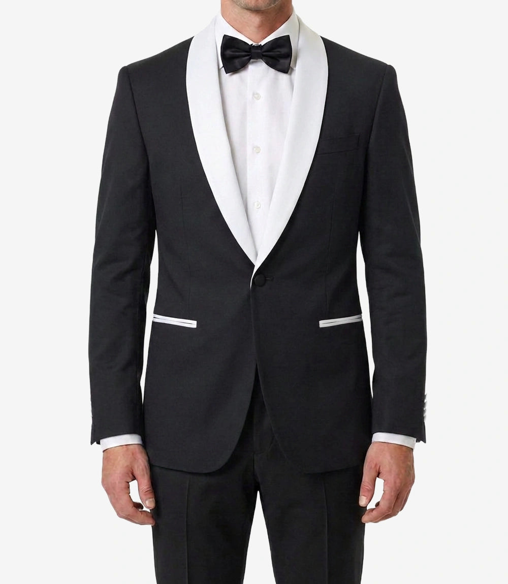 Men’s Black Tuxedo Jacket with White Satin Shawl Lapel