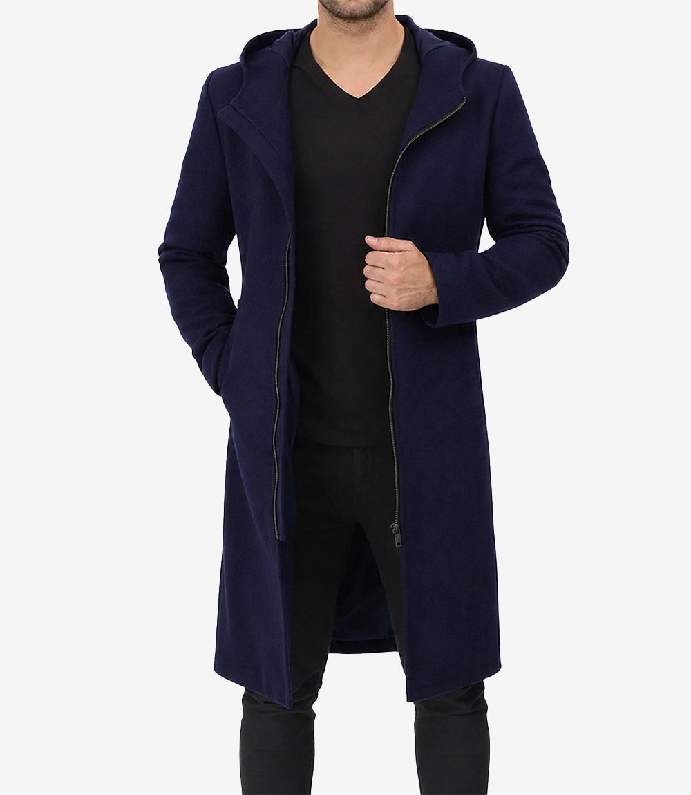 Men’s Blue Hooded Wool Coat - Zip-Up Winter Warmth - Blue