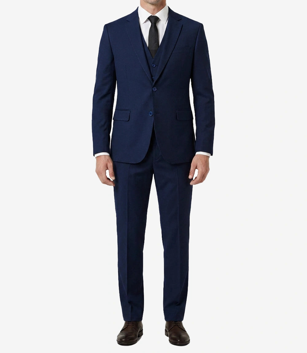 Men's Blue Cotton 3-Piece Suit — Single-Breasted Notch Lapel