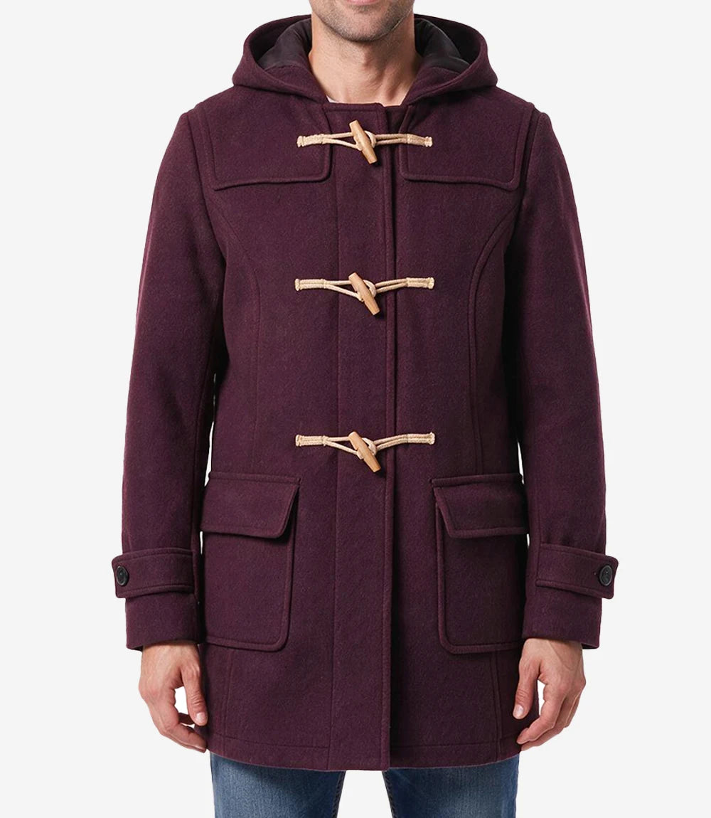 Suzanne Men’s Burgundy Hooded Duffle Wool Coat - Burgundy