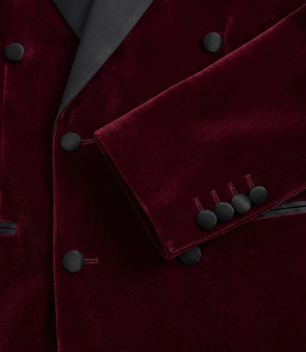 Men’s Burgundy Velvet Double-Breasted Tuxedo Jacket — Peak Lapel