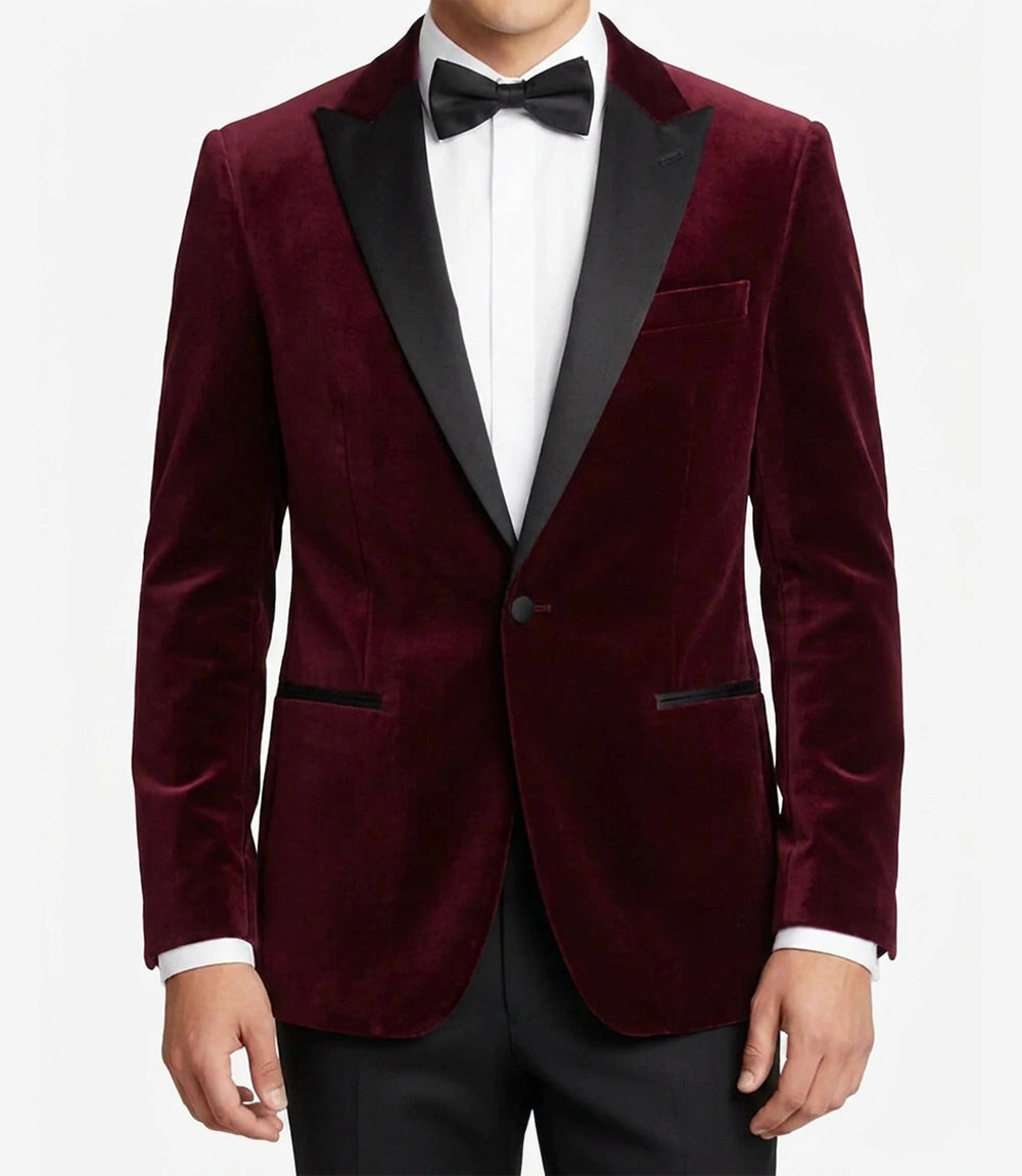 Men's Premium Burgundy Velvet Tuxedo Jacket - Peak Lapel