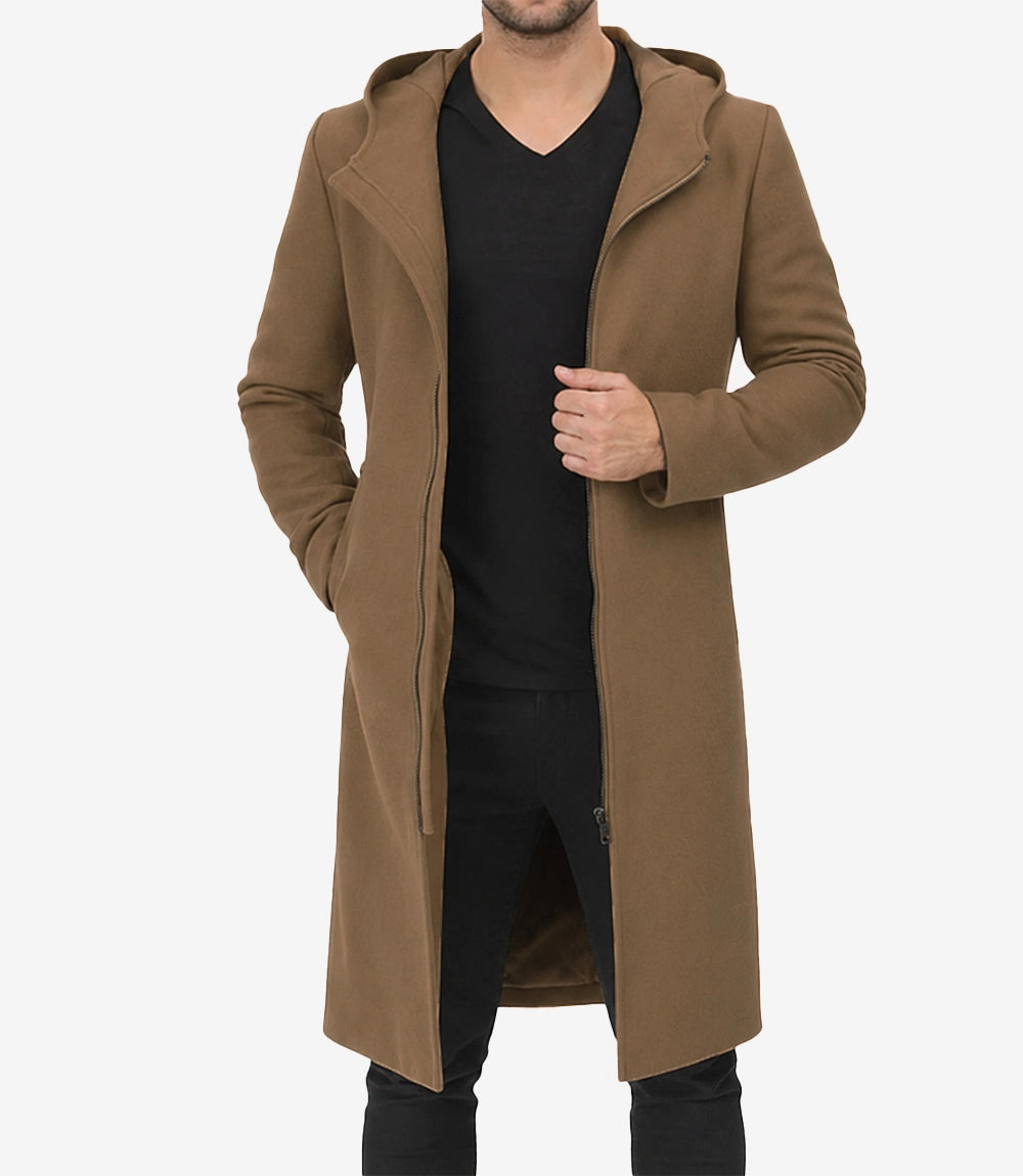 Men’s Camel Hooded Wool Coat - Zip-Up Winter Warmth - Camel