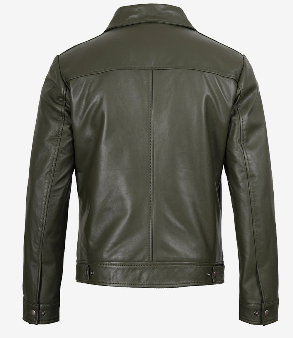 Mens Shirt Collar Green Leather Jacket