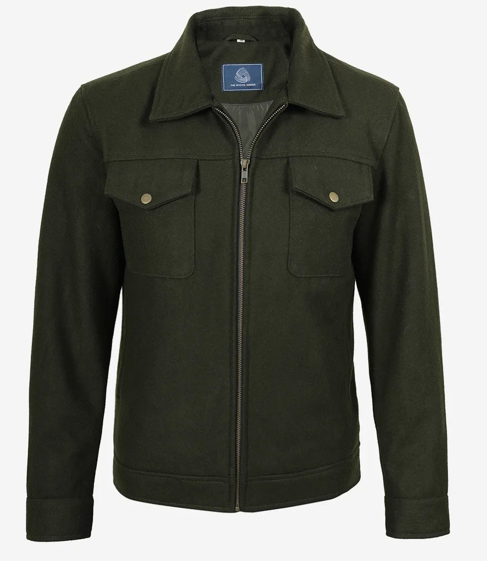 Men's Olive Green Wool Utility Jacket - Zip Closure
