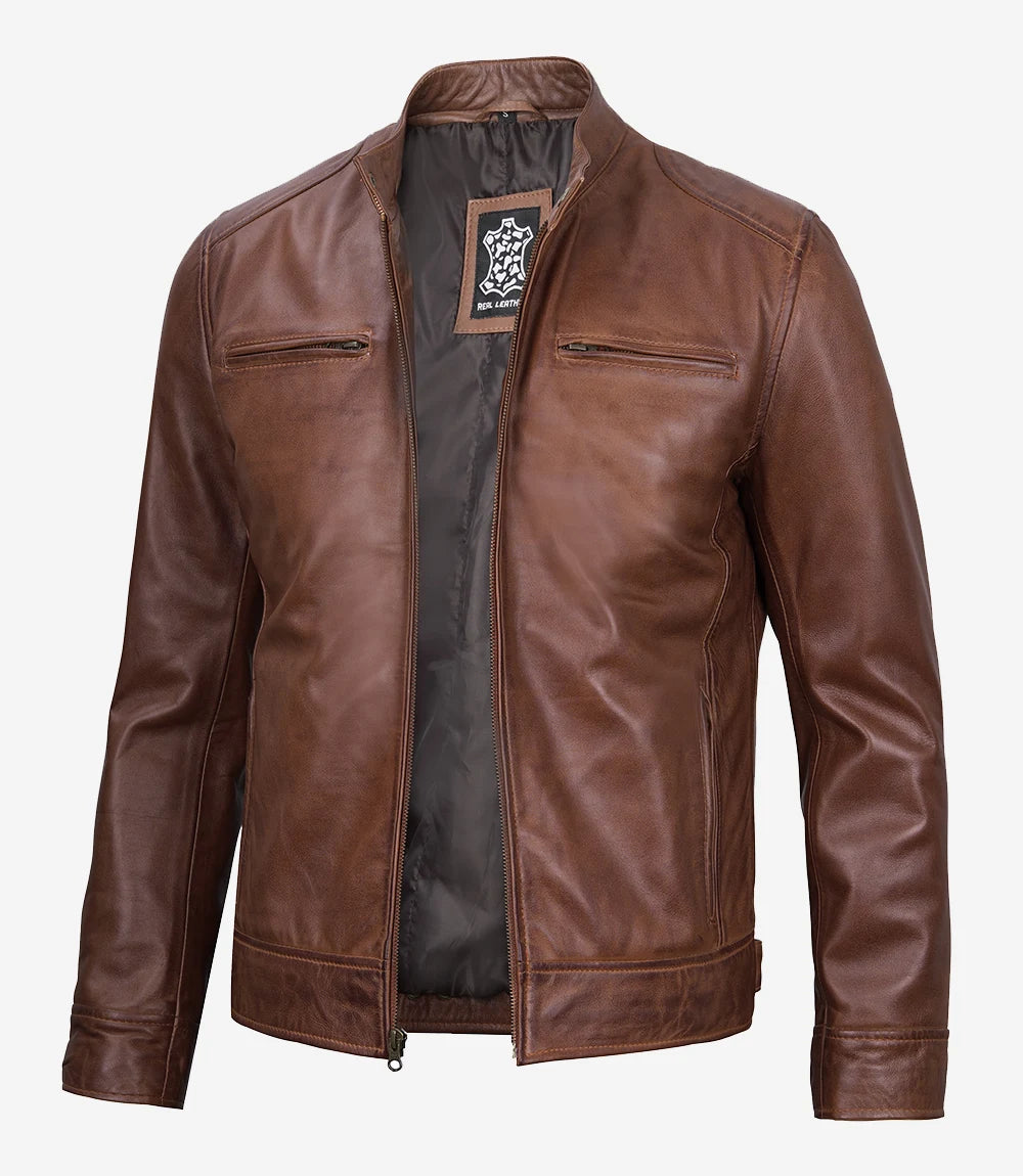 Mens Tall Cognac Leather Biker Style Jacket