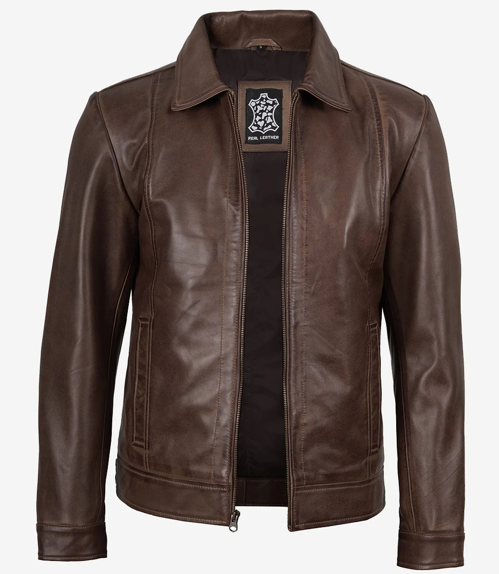 Mens Shirt Collar Chocolate Brown Leather Jacket