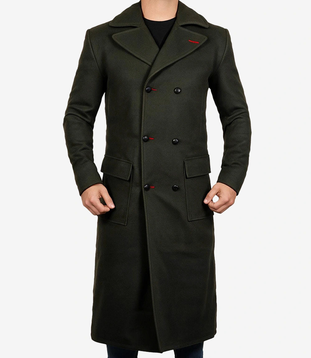 Men’s Double-Breasted Long Olive Green Wool Coat - Olive Green - view 3