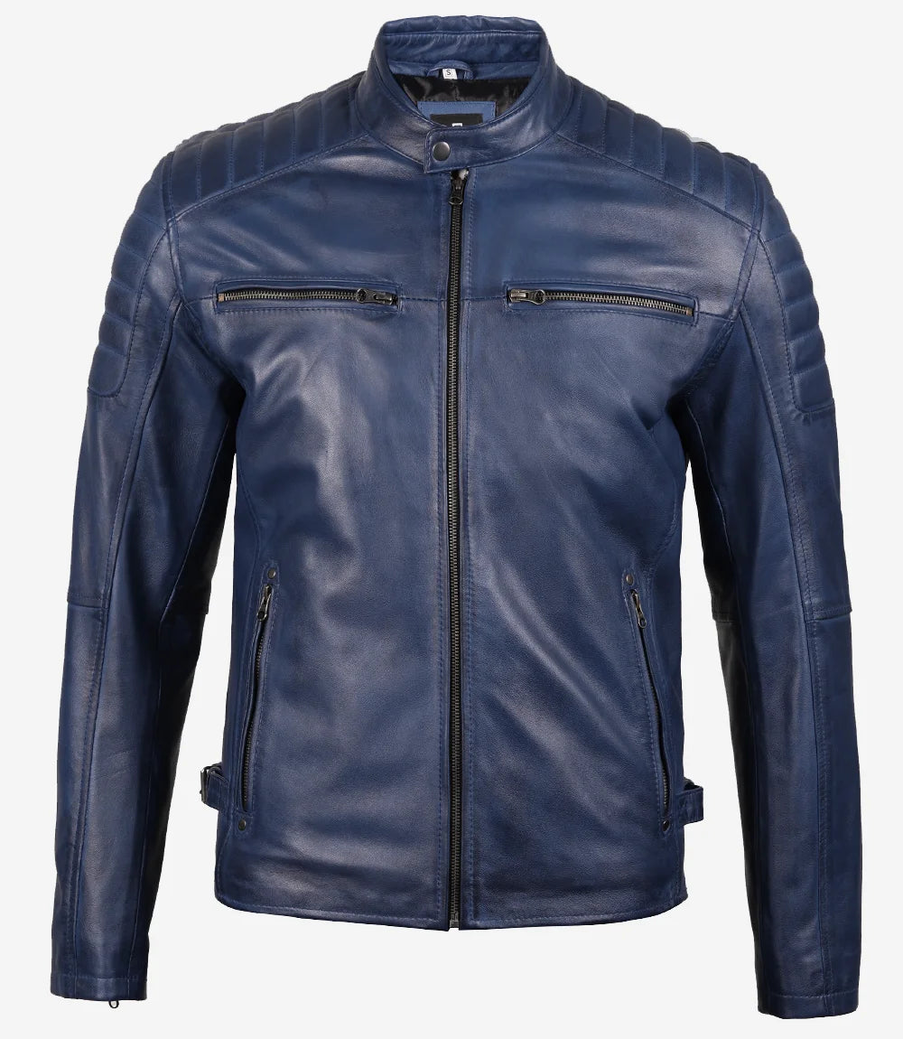 Mens Blue Waxed Cafe Racer Leather Jacket