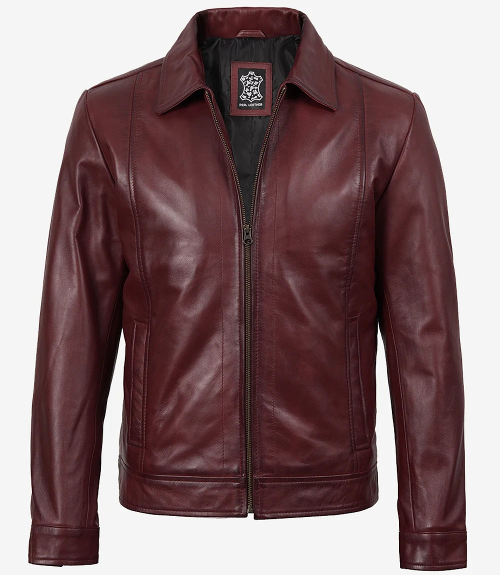 Mens Classic Shirt Collar Maroon Leather Jacket