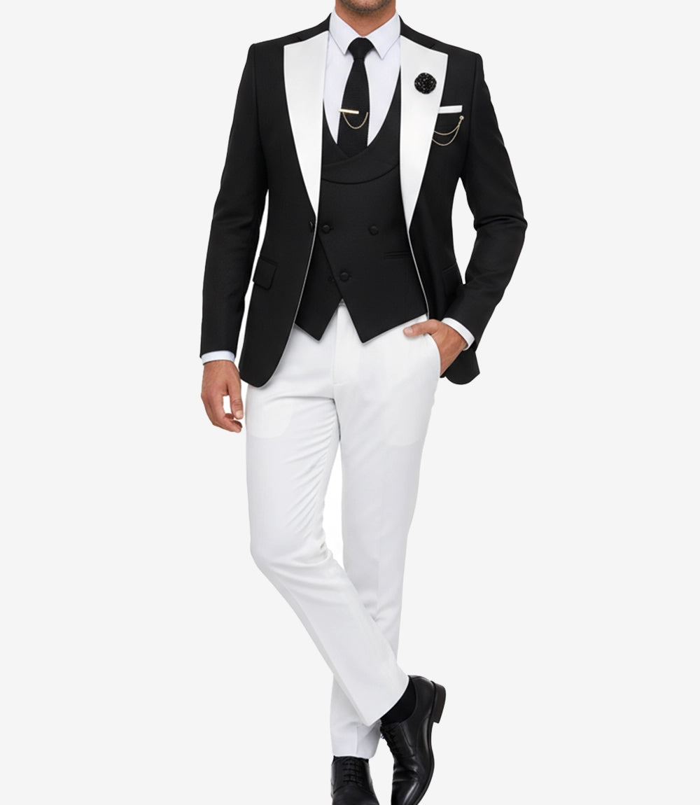 Mens 3 Piece Black and White Tuxedo - Slim Fit Wedding Tuxedo