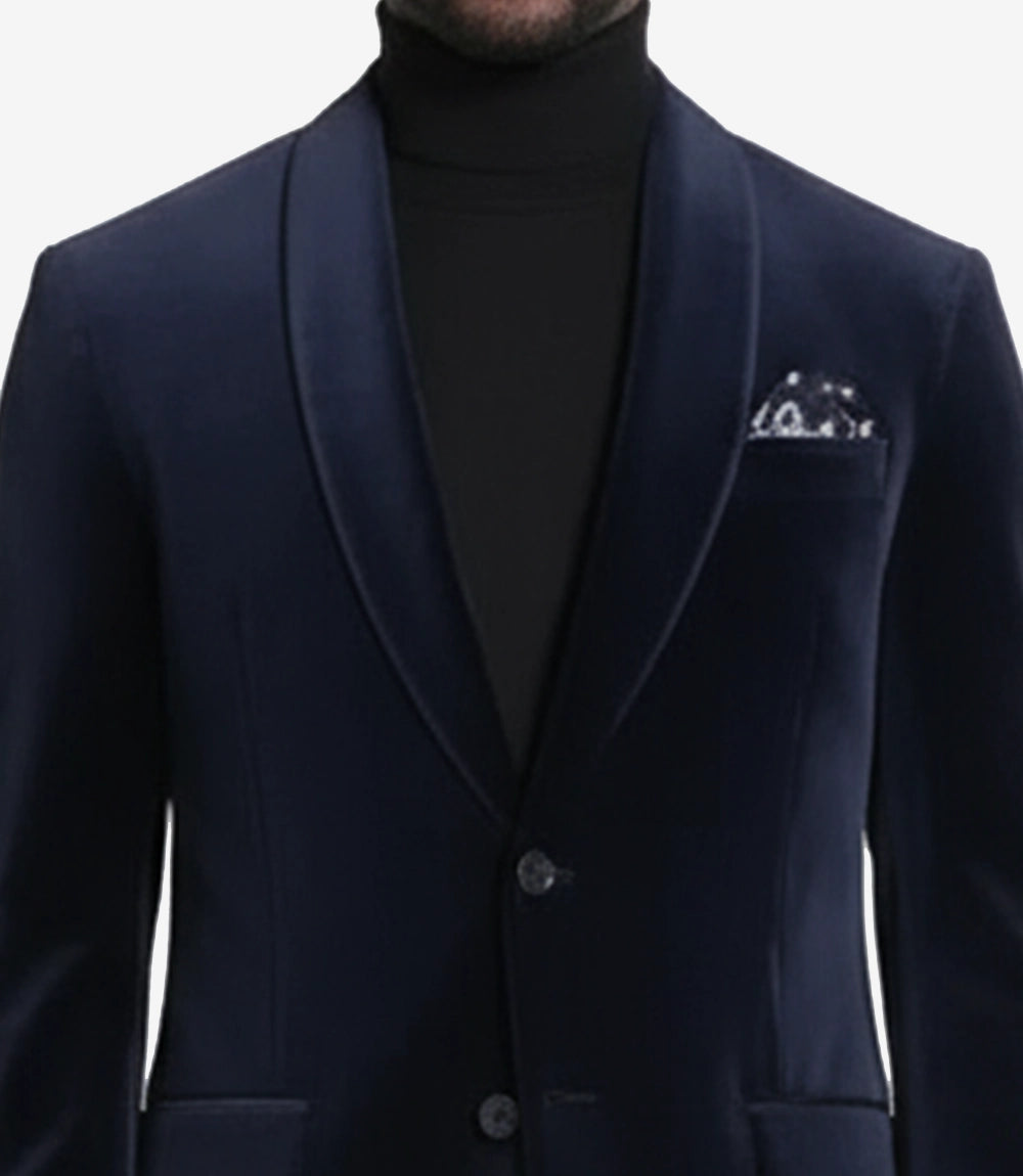 Mens 2 Button Deep Blue Velvet Tuxedo with Shawl Lapel